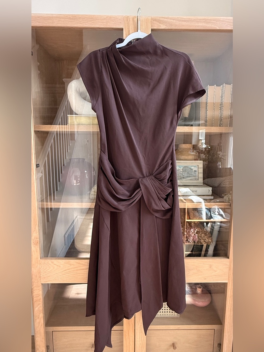 STAUD Devina Asymmetrical Draped Midi Dress in the color earth - Picture 9 of 9